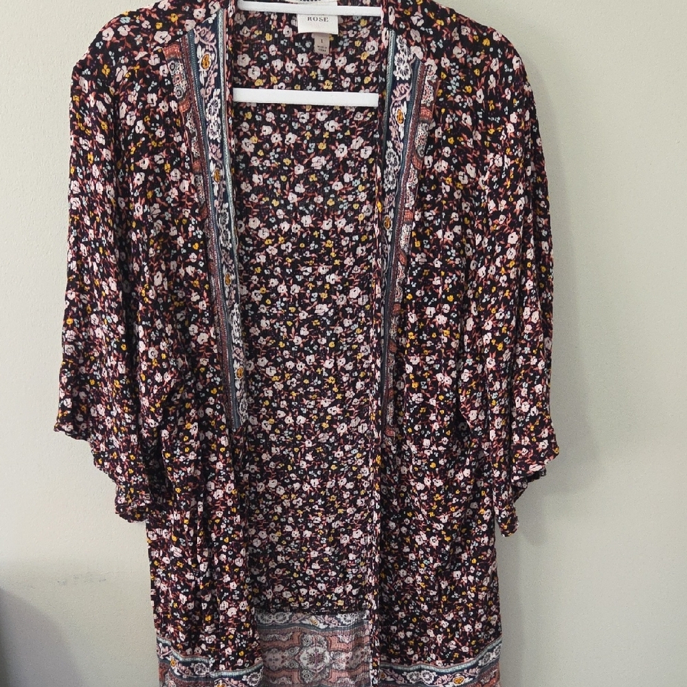 Knox Rose Floral Open-Front Kimono - Black, Pink, Yellow